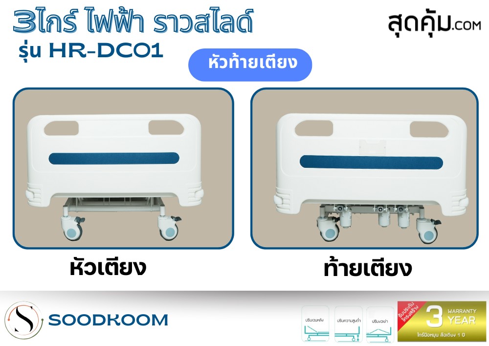 เตียงผู้ป่วยไฟฟ้า 3 ไกร์ ราวสไลด์ รุ่น HR-DC01